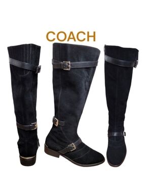 Coach Women's Lawrencia Tall black suede leather Riding Boots silver buckles 5.5